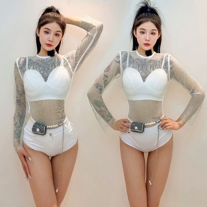 ds酒吧gogo服装性感女团舞蹈演出服DJ领舞服白色连体爵士舞套装女