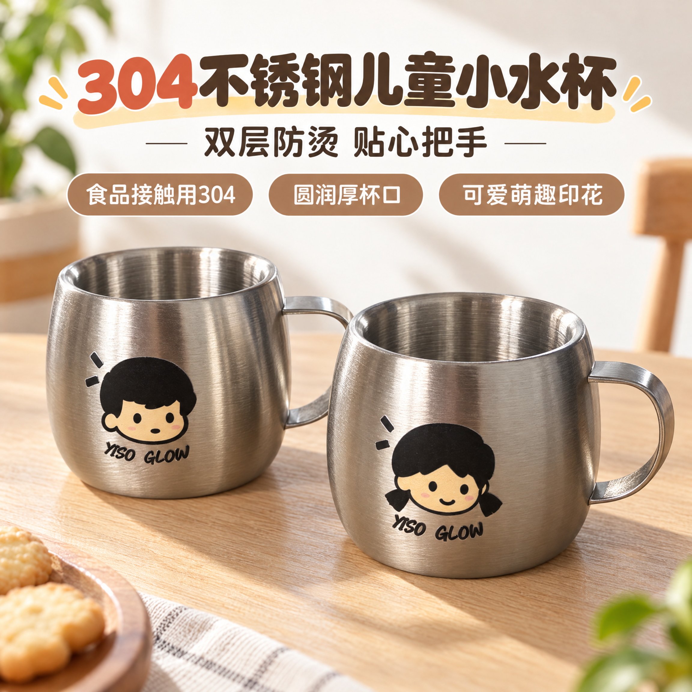 304不锈钢儿童双层防摔学饮杯