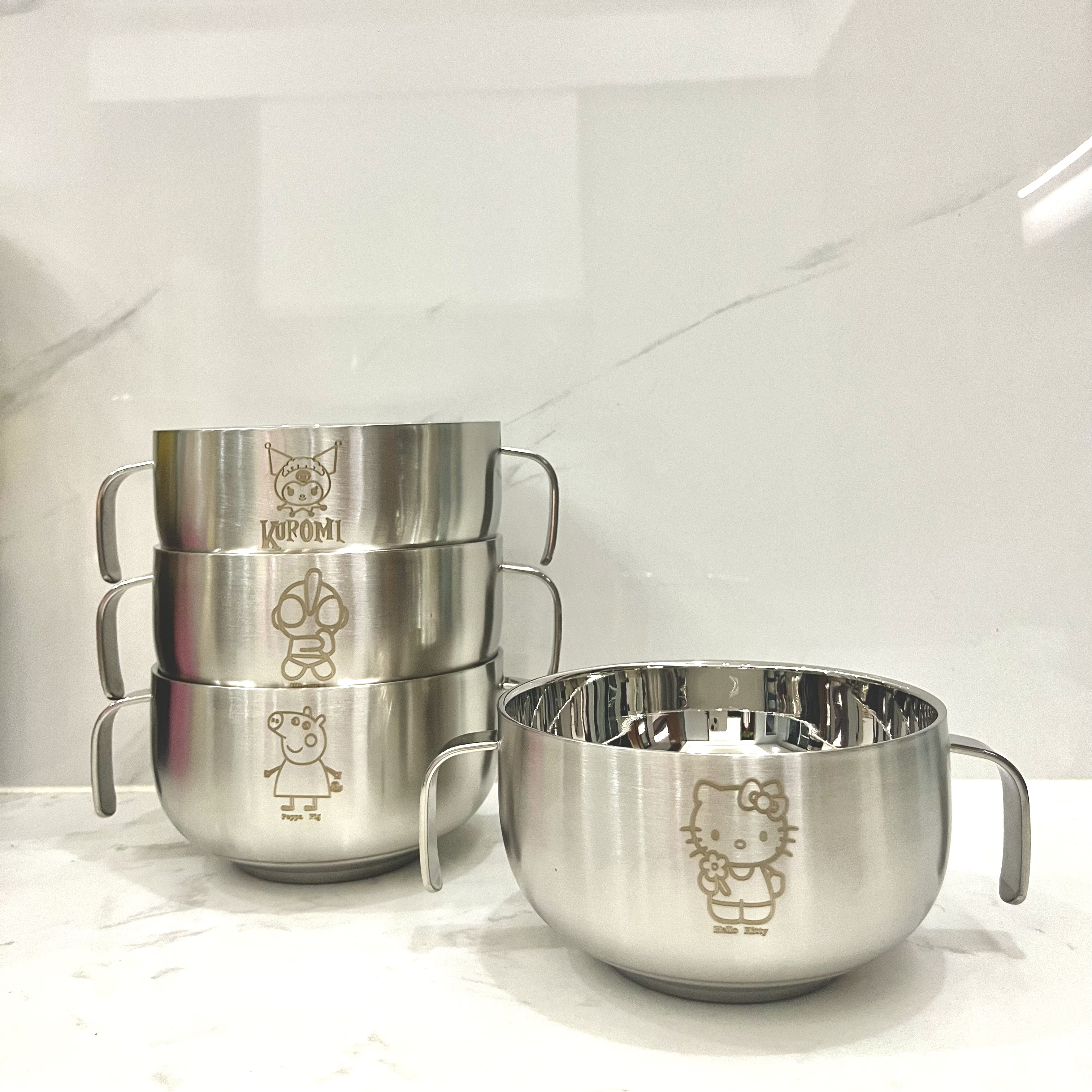 304不锈钢儿童双耳碗双层隔热防烫防摔卡通KT猫小猪带把手辅食碗