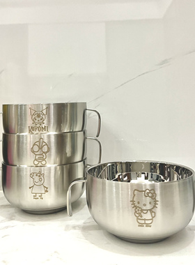 304不锈钢儿童双耳碗双层隔热防烫防摔卡通KT猫小猪带把手辅食碗