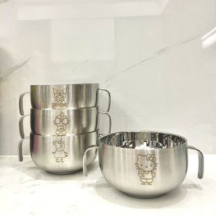 304不锈钢儿童双耳碗双层隔热防烫防摔卡通KT猫小猪带把手辅食碗