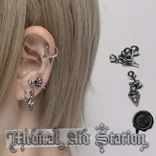 朋克亚文化酷无性别男女 钛钢骷髅头十字架吊坠耳钉 MAS救护所