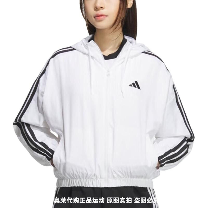 阿迪达斯梭织外套女装2025春季跑步训练运动服休闲连帽茄克JZ2161图片