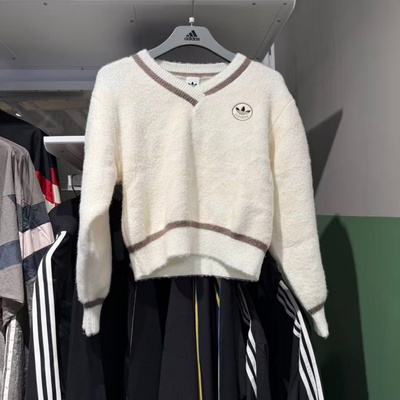 Adidas阿迪达斯三叶草25冬女短款V领千鸟格针织毛衣套头衫 KC2687