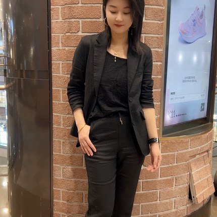 618款夏季女款纯亚麻双开叉西服上衣时尚修身显瘦气质百搭凉爽