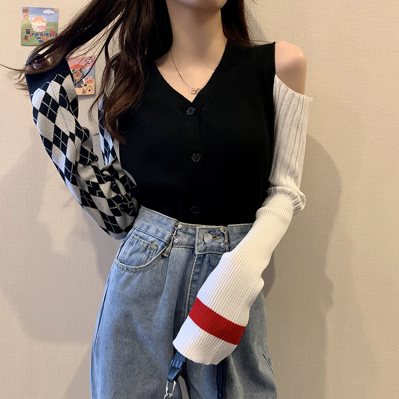 Off the shoulder knitted cardigan Color matching jacket autumn