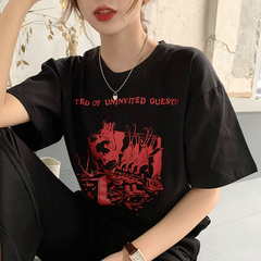 Vintage printed short sleeve T-shirt women's spring Korean version loose and thin versatile crew neck