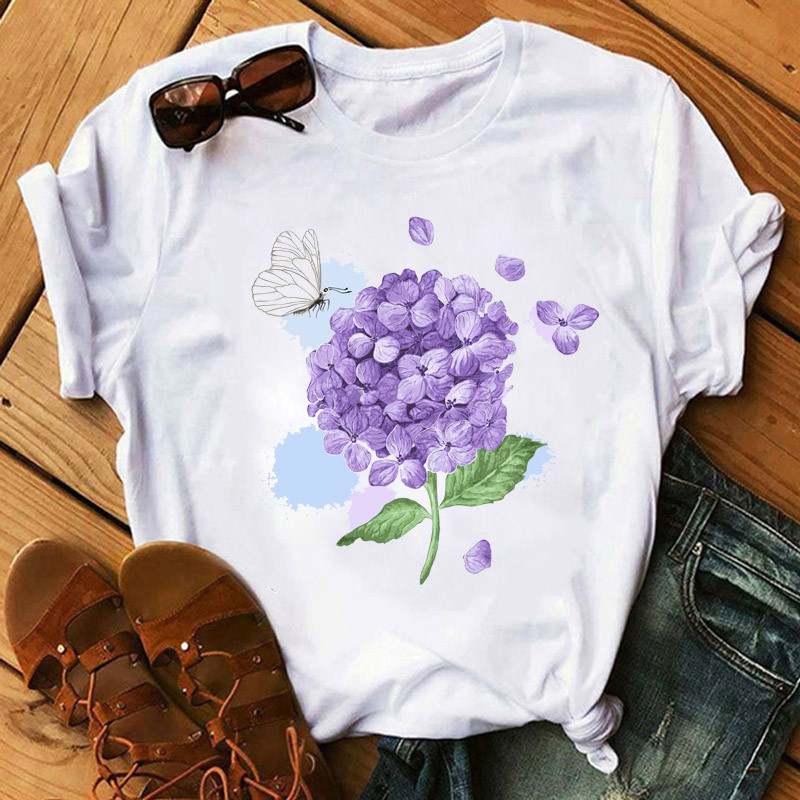 blue flower butterfly  t-shirt 爆款蓝色绣球花蝴蝶印花女士t恤