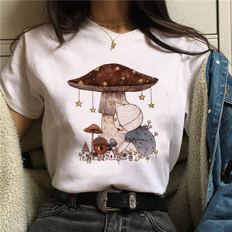 Mushroom Girl Women T Shirt 可爱卡通蘑菇印花女士白色休闲T恤