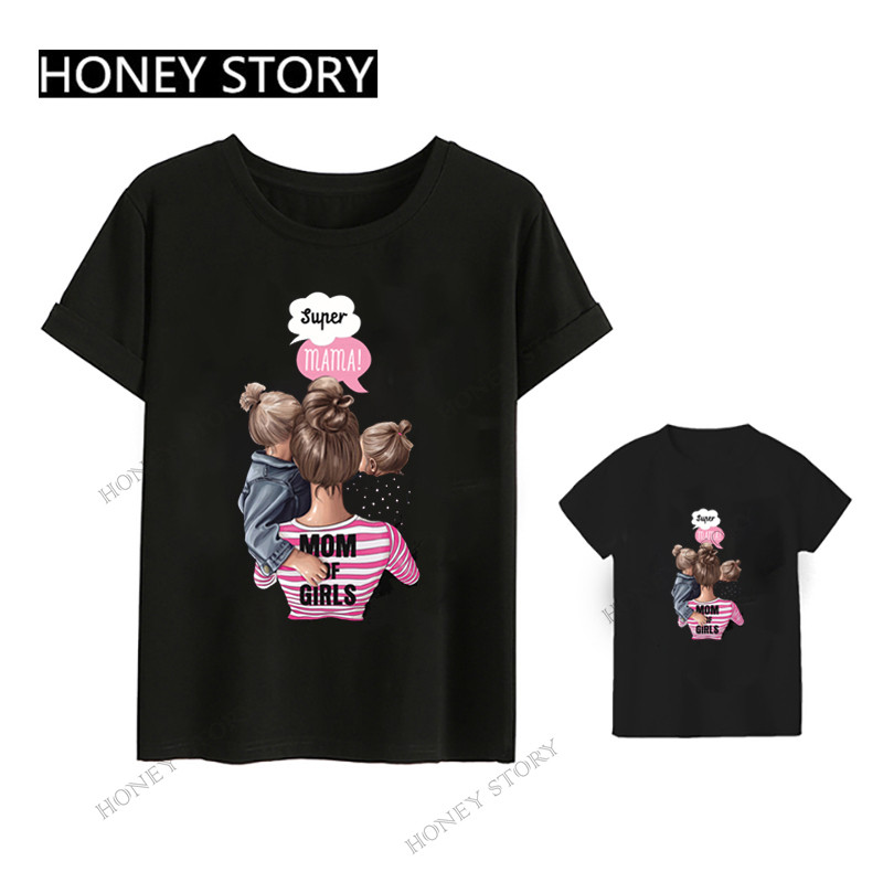 슈퍼 인기 여름 부모-자식 티셔츠 유럽과 미국의 핫 스타일 어머니의 날 모성애 시리즈 반팔 티셔츠 블랙