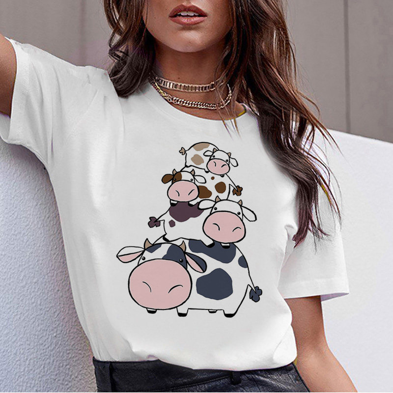 cow cartoon woman t-shirt 卡通牛图案印花女士白t恤短袖上衣