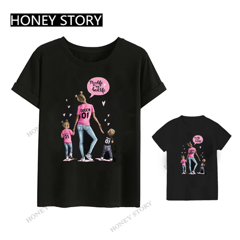 슈퍼 인기 여름 부모-자식 티셔츠 유럽과 미국의 핫 스타일 어머니의 날 모성애 시리즈 반팔 티셔츠 블랙