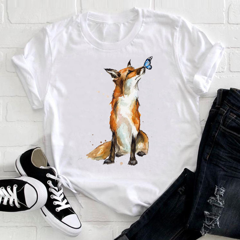 Fox Print T-shirt红狐狸动物卡通印花韩式女宽松短袖圆领休闲T恤-封面