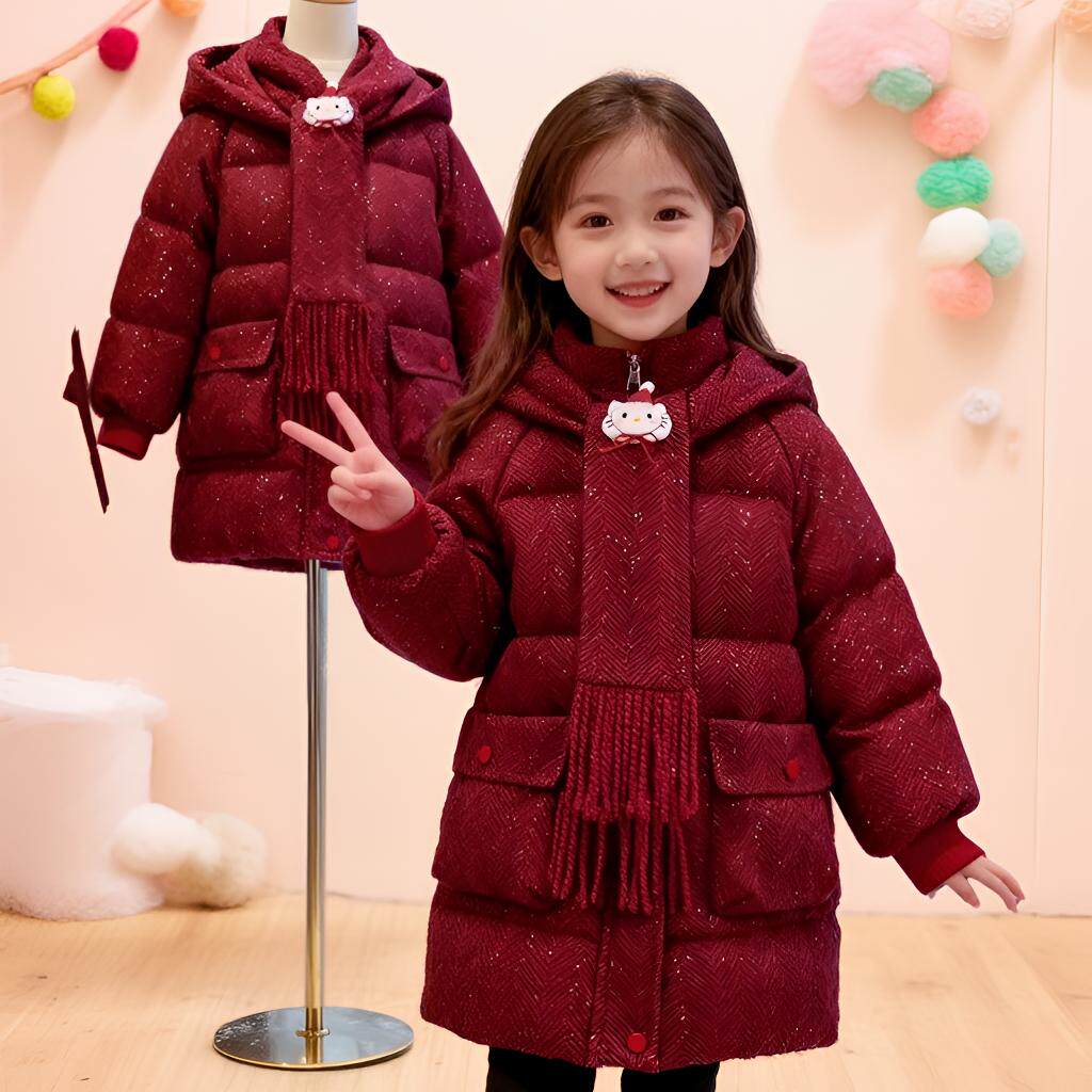 女童拜年服棉服冬季新款中大童长款洋气棉衣外套儿童加厚外套棉袄