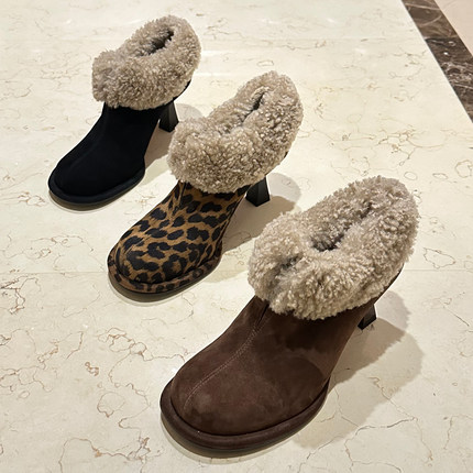 欧洲站2025秋冬新款女鞋圆头真皮细跟羊毛口加绒深口高跟毛毛鞋子