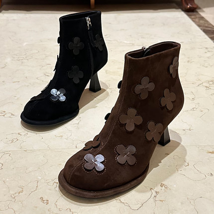 2025秋冬新款女鞋欧美真皮圆头细跟花朵百搭加绒时尚精致高跟短靴