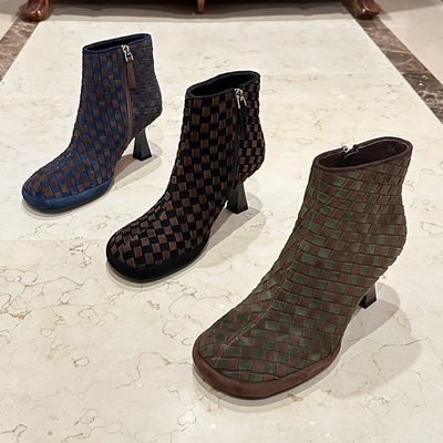 25秋冬新款拼色编织水台高跟圆头
