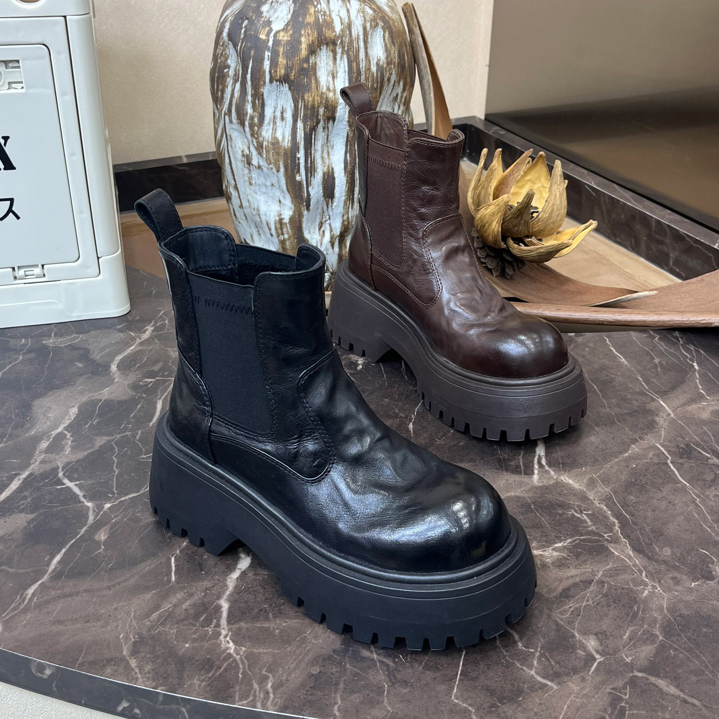 2025秋冬新款圆头厚底增高英伦风切尔西短靴子真皮胎牛皮短筒靴子,女鞋,时装靴,淘宝优惠券,粉丝福利购,淘宝优惠卷