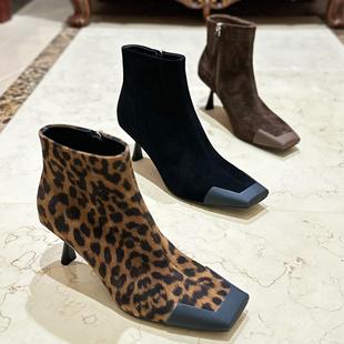 欧货2024秋冬新款女鞋方头细跟豹纹真皮高跟时尚百搭加绒短靴子潮