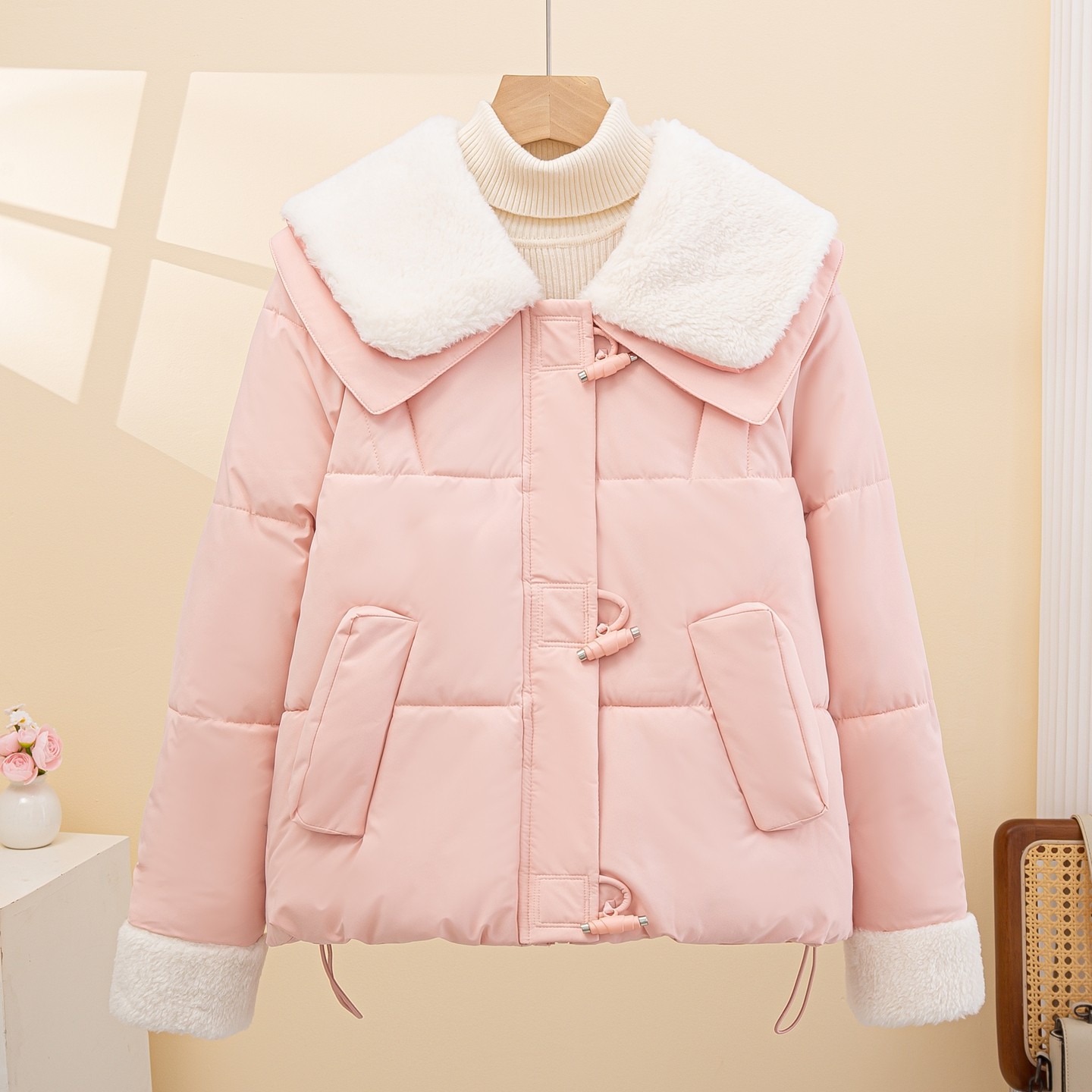 粉色法式小香风大翻领羽绒棉服女2025冬新款羊羔毛拼接娃娃领外套
