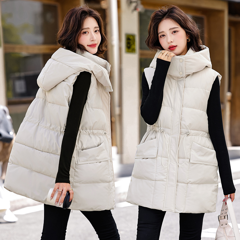 羽绒棉马甲女秋冬季2025新款中长款收腰坎肩今年流行可脱卸帽马夹