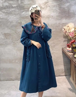 甜美秋冬新款 风衣女中长款 重工刺绣大娃娃领日系森系宽松减龄外套