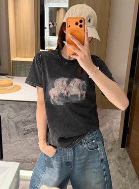 油画飞马夏季短袖圆领T恤女百搭