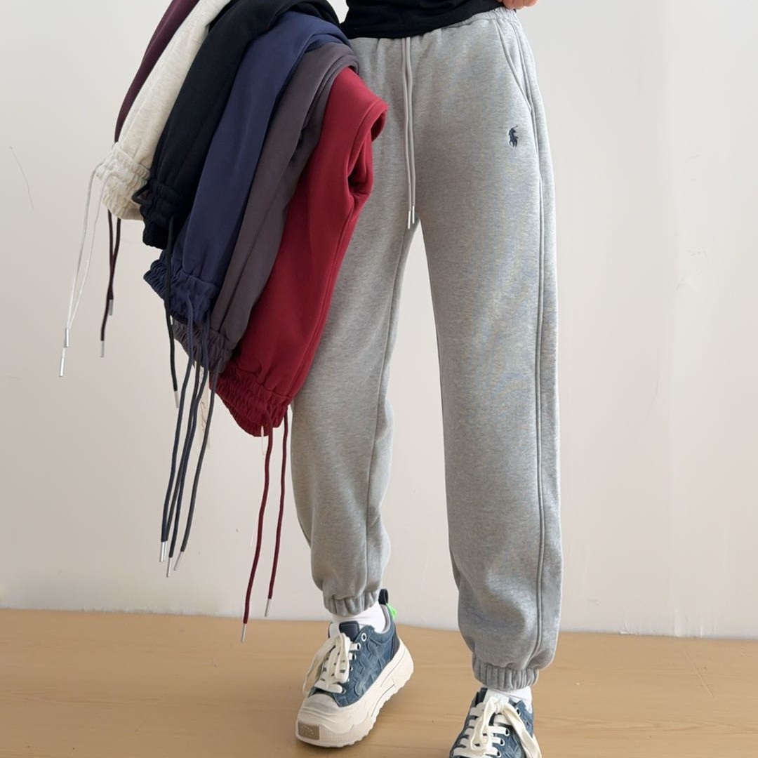 冬季加绒加厚新款休闲刺绣松紧腰遮胯显瘦大码束脚舒适保暖卫裤女