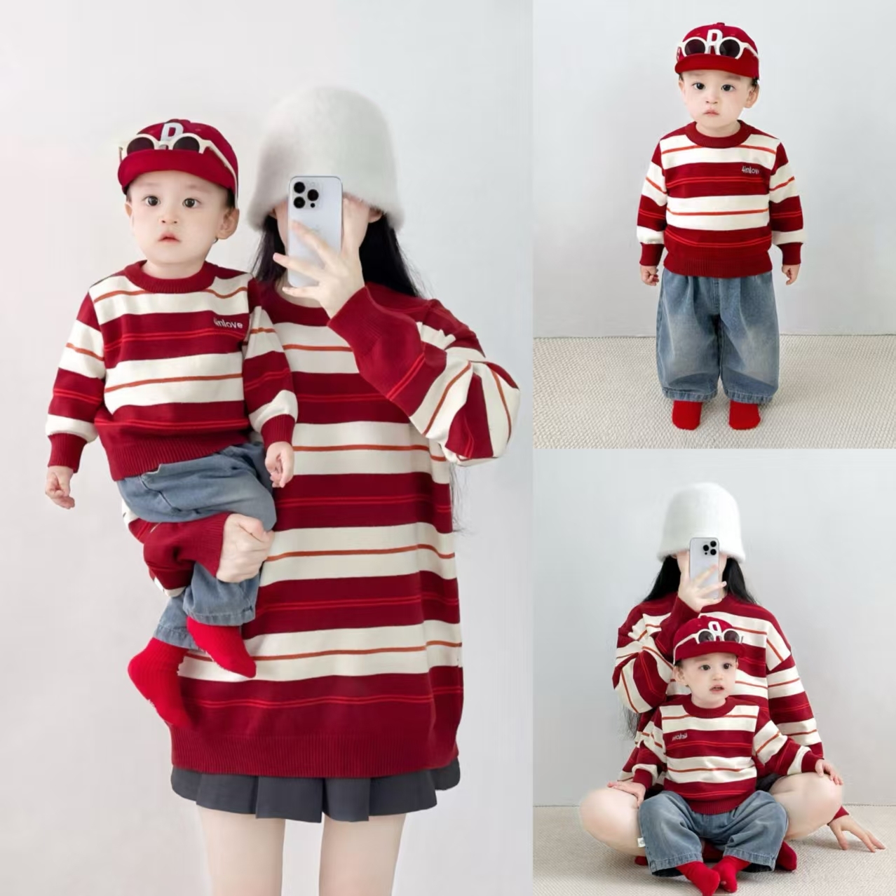 秋冬亲子装加厚条纹红色毛衣针织衫母子母女装一家三口四口家庭装