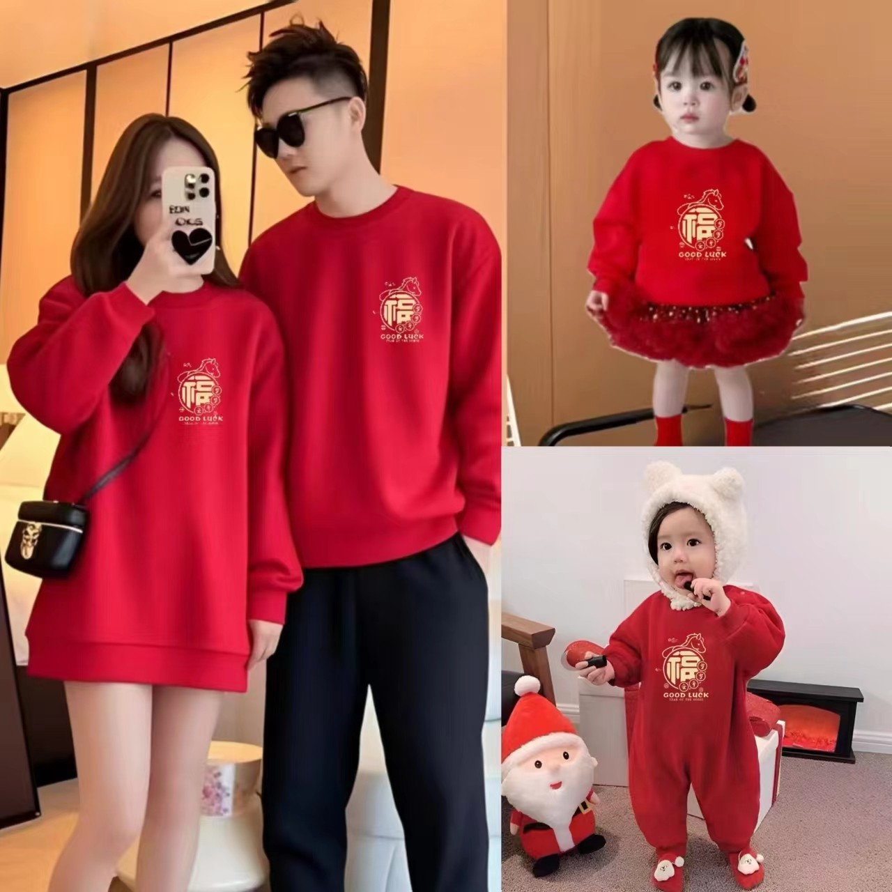 马年亲子装卫衣冬装加绒一家四口婴儿百天周岁喜庆母女母子过年服