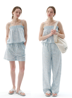 FORRETRO25 蓝色飞鸟花边A字吊带短裤长裤度假风休闲家居度假套装