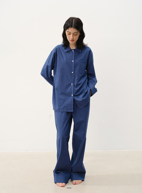 FORRETRO 夜空蓝条纹纯棉磨毛睡衣长袖长裤春秋冬男女家居服外穿