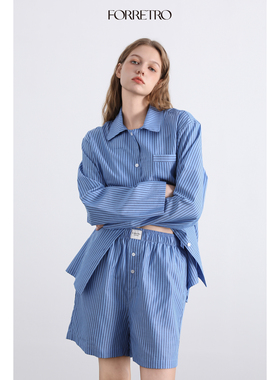 FORRETRO 春夏深蓝条纹简约复古天丝棉睡衣慵懒舒适可外穿家居服