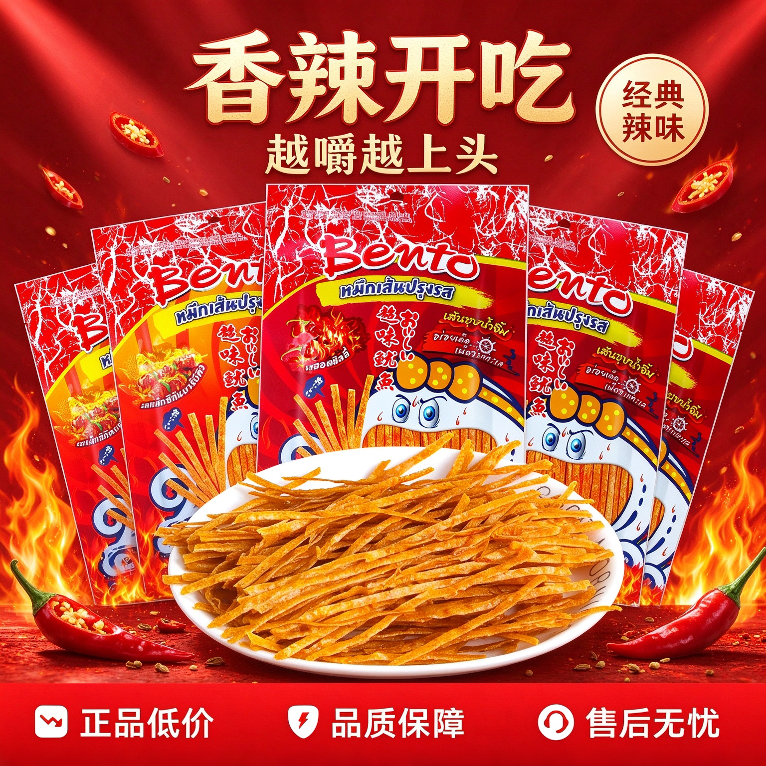 泰国进口拌多乐bento网红辣条鱿鱼丝须泰式爆辣辣条休闲零食品