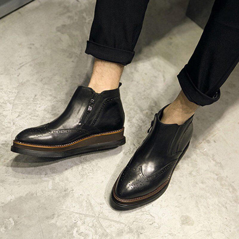 THICK-SOLED FLATFORM MARTIN BOOTS MENS HIGH-TOP LEATHER SHOES CARVED ZIPPER BOOTIES MENS LEATHER CHELSEA BOOTS MENS POINTED TOE