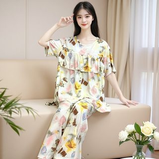 纯棉绸睡衣女士夏季2025新款短袖不带胸垫防凸点莫代尔家居服套装