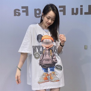 潮牌短袖 冬季 欧货重工水钻宽松大版 T恤情侣装 上衣女 加厚磨毛半袖