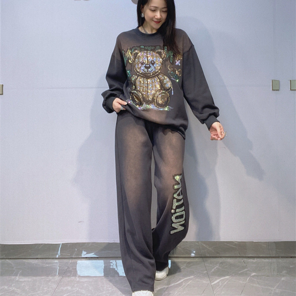 跨境欧美女装运动套装女秋冬圆领套头长袖长裤宽松大码烫钻两件套