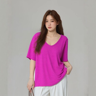 200斤胖mm巨好看上衣春夏新款枚红色V领正肩宽松短袖T恤3598