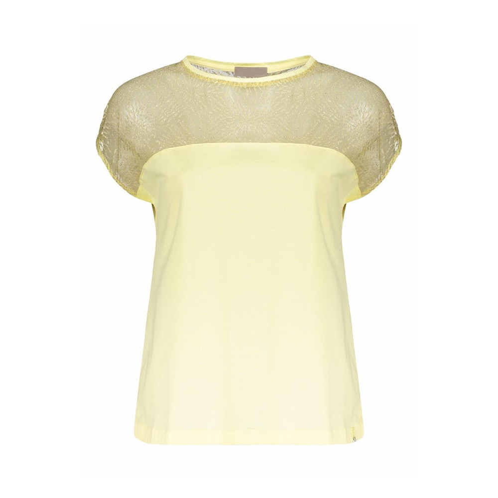 2025秋冬新款法式黄色圆领蕾丝透视短袖T恤修身显瘦短款上衣女