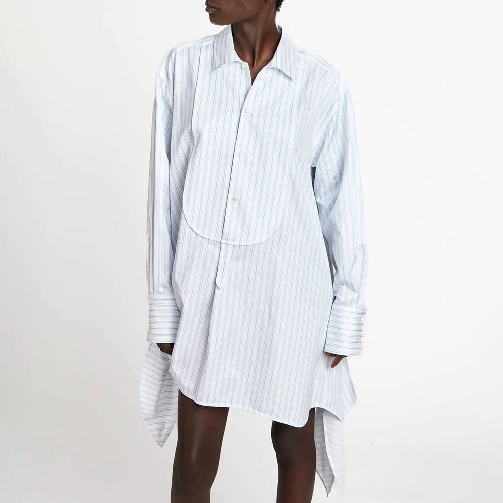 浅蓝条纹翻领长袖衬衫裙