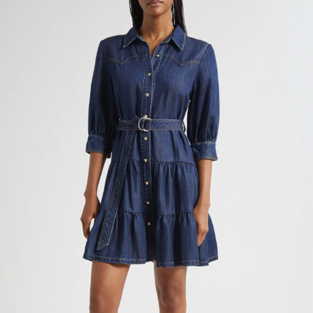 2026早春新款法式深蓝色翻领中袖牛仔衬衫裙收腰系带连衣裙女,女装/女士精品,连衣裙,淘宝优惠券,粉丝福利购,淘宝优惠卷