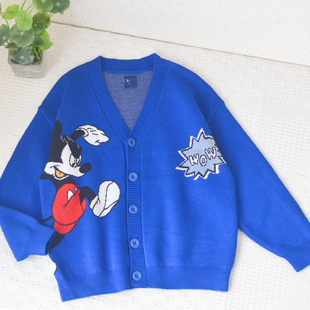 巴家合作款140-150cm男童V领纯棉针织开衫中大童春秋卡通毛衣外套