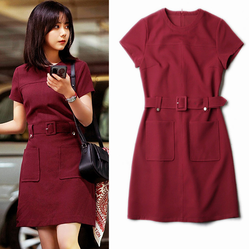 向风而行归路谭松韵同款酒红色连衣裙春夏设计感收腰气质a字短裙