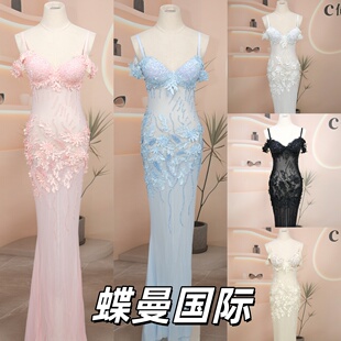 夜店酒吧KTV重工手工走秀演出服佳丽足浴显胸大透视性感晚礼服