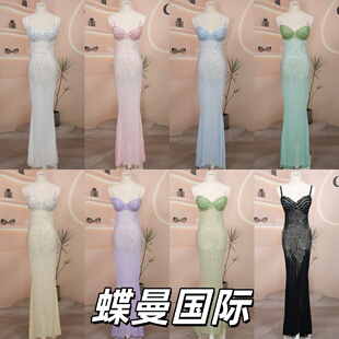 夜店酒吧KTV重工手工走秀演出服佳丽足浴显胸大透视性感晚礼服