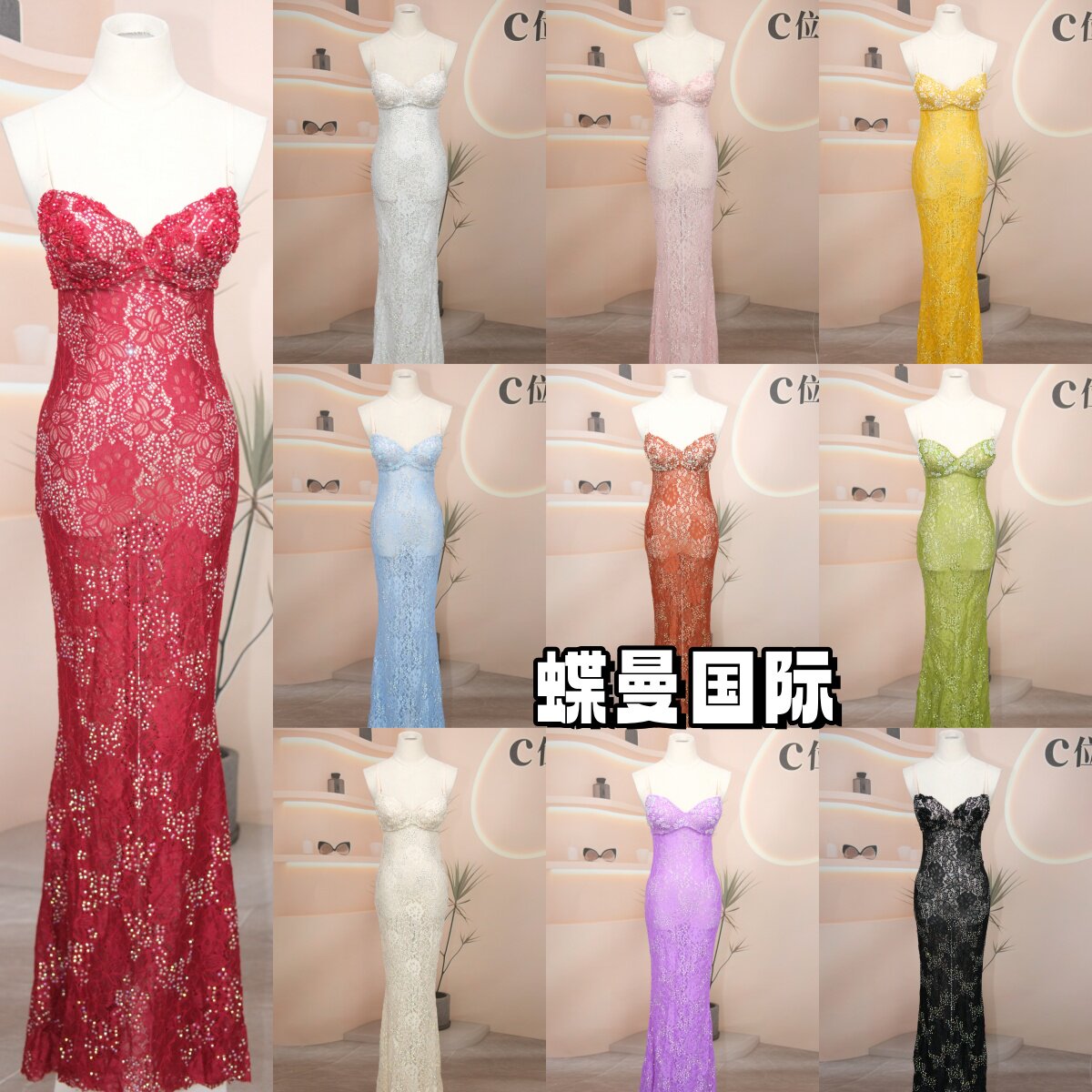 夜店酒吧KTV手工烫钻吊带型长裙性感晚礼服颜色多蕾丝高端鱼尾裙