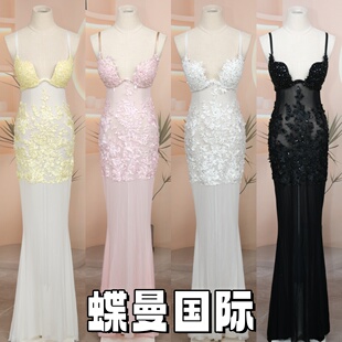 夜店酒吧KTV重工手工U杯礼服蕾丝长裙性感2026年春季网纱亮片深V