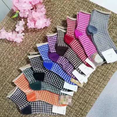 东大门全棉格子英伦女棉袜四季