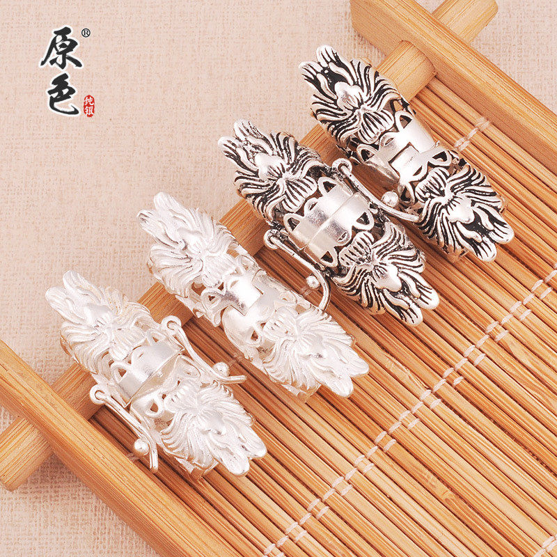 925纯银牡丹花纹木手镯玉石玛瑙手镯链接扣头手工包银镶嵌diy配件